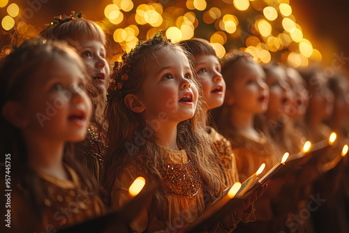 A choir of children singing carols in front of a glowing Christmas tree, their voices filling the air with joy. Concept of holiday music and community.