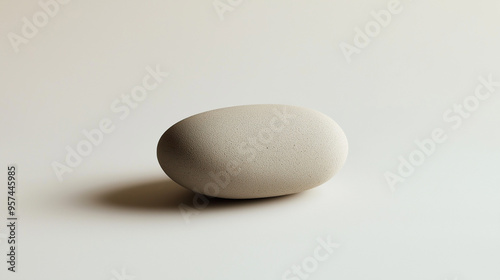 a single, smooth river stone against an isolated pale mushroom grey background