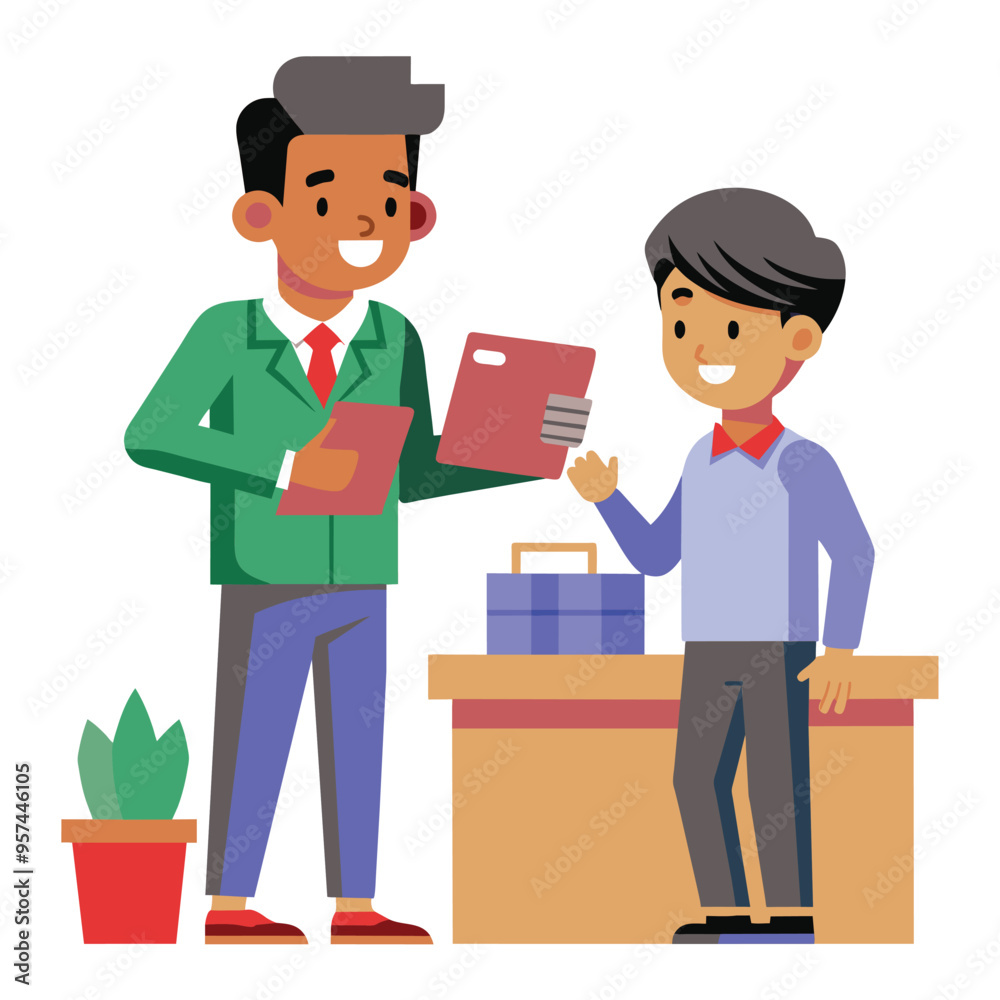 A businessman in a green suit gives advice to a younger employee standing behind a desk in an office setting A businessman in a green suit gives advice to a younger employee standing behind a desk in an office setting