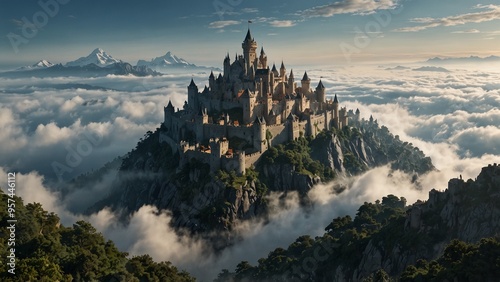 A fantasy-style city perched on a mountain peak, with a castle standing on the cliff's edge, set against a dense sea of clouds.