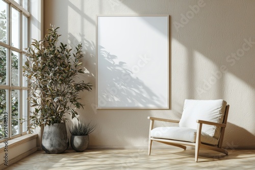 Poster Frame in Beige minimalist living room interior created with generative AI