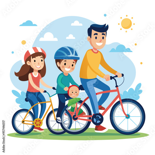 A happy family of four rides their bikes in a park on a sunny day. happy riding of family members.