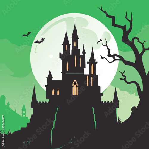 A dark silhouette of a medieval castle stands against a full moon, creating a haunting image