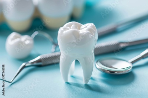 Close-up of a dental tooth model with instruments on a blue background in a dental office setting