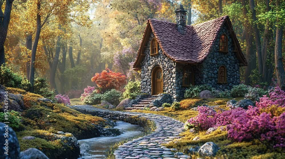 Charming fantasy house nestled in a magical forest, surrounded by lush greenery and enchanted ambiance
 seamless looping 4k time-lapse virtual video animation background. generated ai