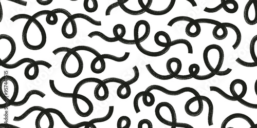 Organic grunge bold lines, squiggles. Black brushing shapes vector seamless pattern. Hand drawn grunge curly swirls, scribbles