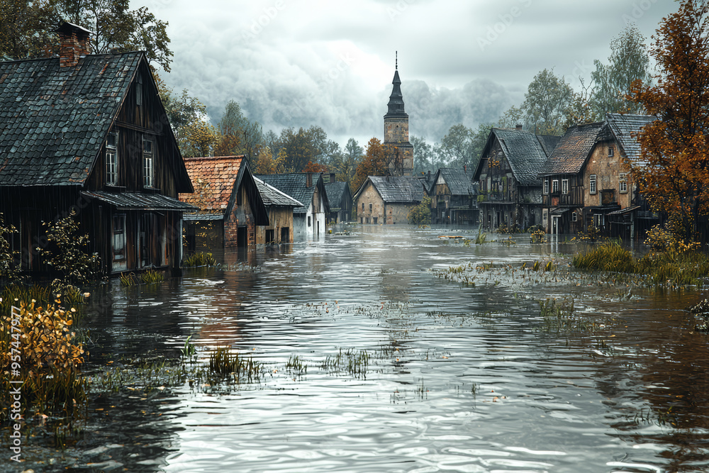 Fototapeta premium A village submerged in floodwaters with only rooftops visible. Concept of the increasing frequency of extreme weather events and their impacts.