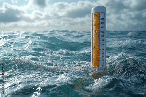 Fototapeta Naklejka Na Ścianę i Meble -  A thermometer submerged in the ocean, showing rising temperatures in the water. Concept of ocean warming and its global effects.