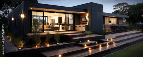 Exterior modular houses. New architecture house design.