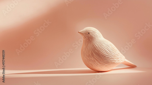 a small wooden bird sculpture against an isolated soft pastel coral background