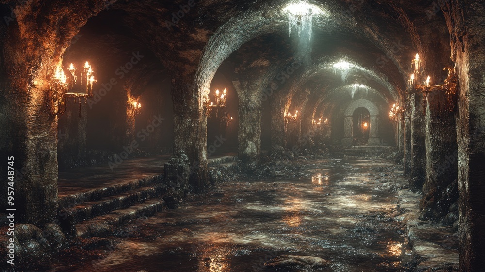 Eerie Candlelit Passage in a Mysterious Underground Palace Eerie Candlelit Passage in a Mysterious Underground Palace