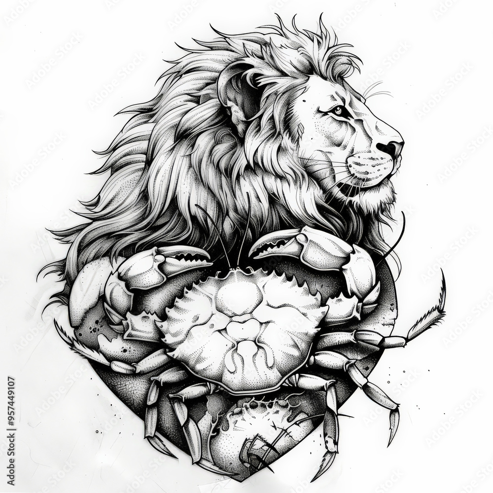Obraz premium lion, crab, heart, vector, animal, head, lion, tattoo, cat, face, illustration, wild, art, logo, design, black, tribal, mammal, silhouette, predator, feline, symbol, power, drawing, mascot, wildlife, 
