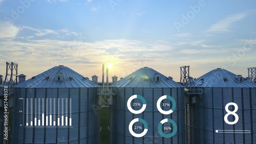Foto Aerial inspection of Agricultural silos for grain storage at sunset, animation i