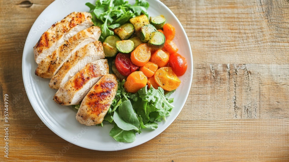 A casual lunch setup with a plate of grilled chicken, roasted vegetables, and a side salad, arranged neatly on a simple, white plate.