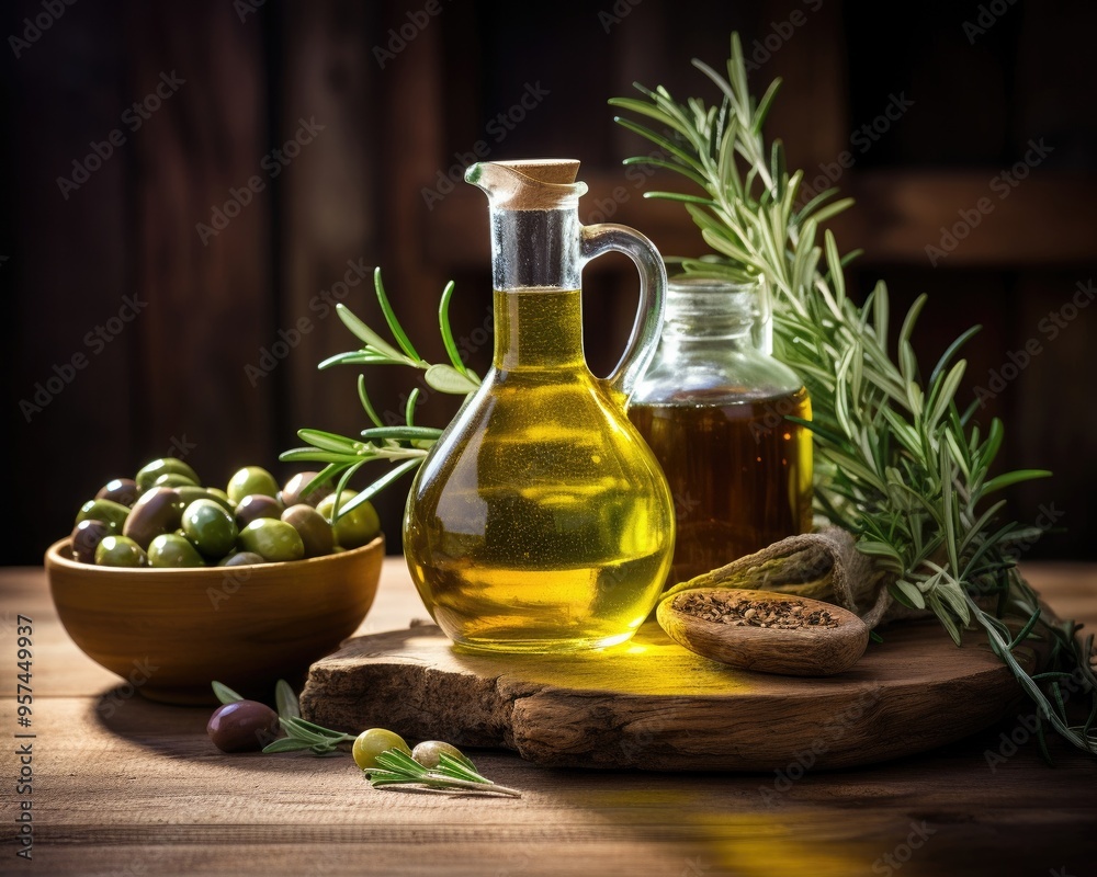 A rustic kitchen scene with a bottle of extra virgin olive oil, a wooden bowl of olives, and fresh rosemary on an old wooden table A rustic kitchen scene with a bottle of extra virgin olive oil, a wooden bowl of olives, and fresh rosemary on an old wooden table