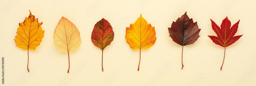 Obraz premium autumn leaves, like maple and oak, in various shades of orange, red, and yellow against an isolated ecru background