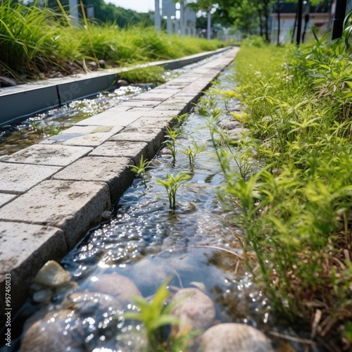 A sophisticated drainage system in an eco-park, designed for water conservation and prevention of urban flooding. photo