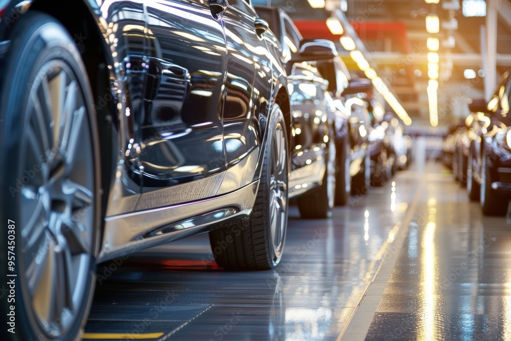 A line of cars are being manufactured in a factory, generative ai image A line of cars are being manufactured in a factory, generative ai image