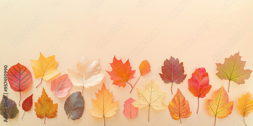 autumn leaves, like maple and oak, in various shades of orange, red, and yellow against an isolated soft beige background autumn leaves, like maple and oak, in various shades of orange, red, and yellow against an isolated soft beige background