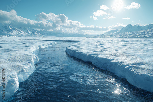 A melting glacier forming a small stream that flows into a vast ocean. Concept of freshwater loss and rising sea levels.