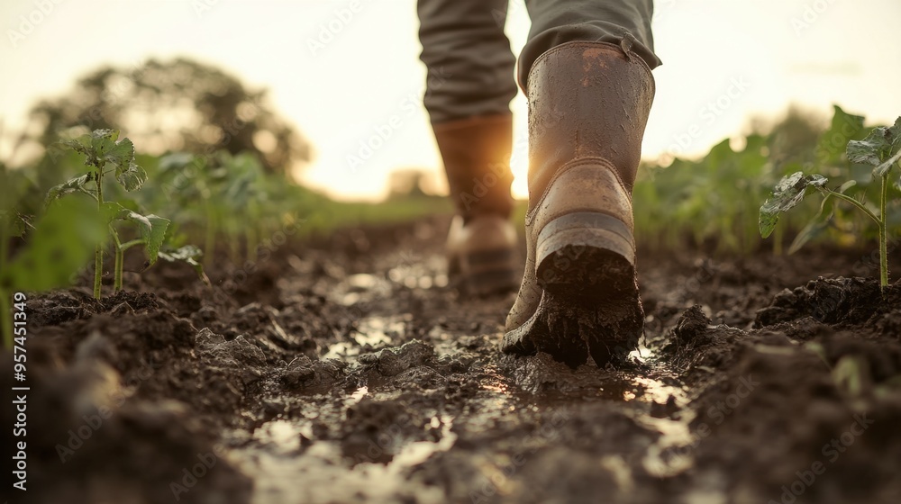 A close-up of a farmer's boots walking through a muddy field, with crops growing in the background and a hint of sunrise. A close-up of a farmer's boots walking through a muddy field, with crops growing in the background and a hint of sunrise.