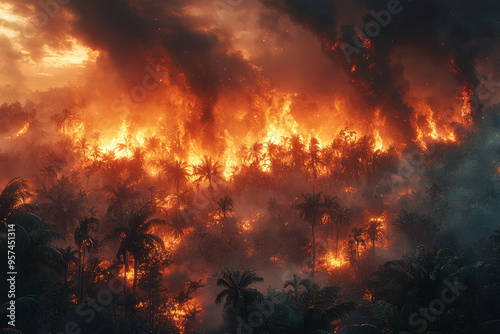 A lush rainforest slowly being consumed by rising smoke and fire. Concept of deforestation and climate-induced wildfires.