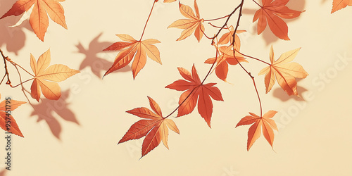 autumn leaves, like maple and oak, in various shades of orange, red, and yellow against an isolated soft beige background