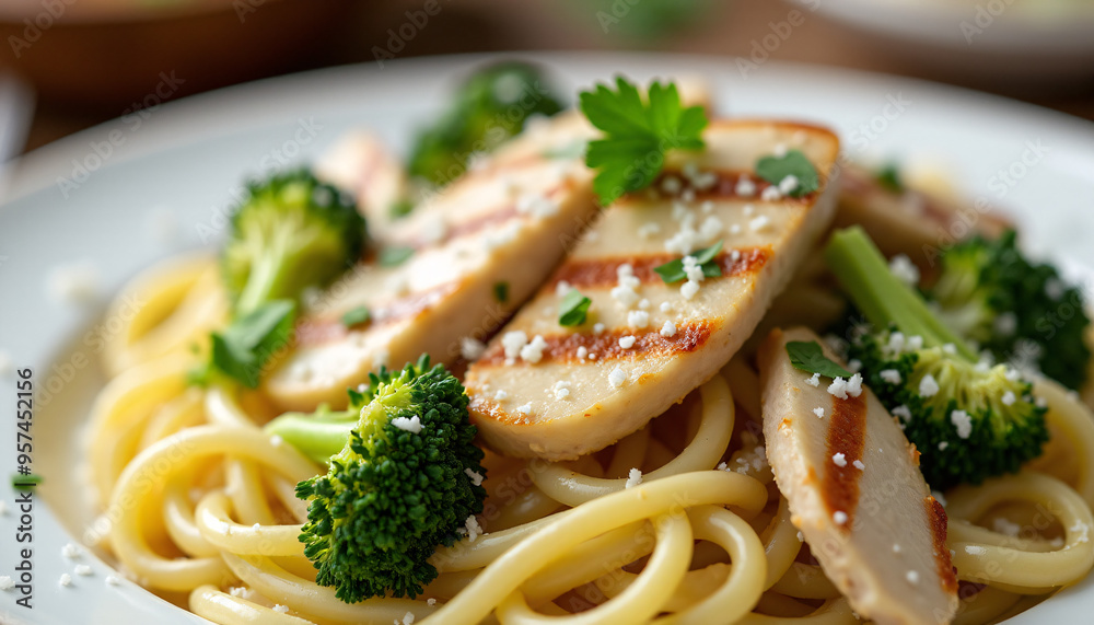 Angled shot of a creamy pasta Alfredo with grilled chicken and broccoli florets. The dish is sprinkled with Parmesan cheese and fresh parsley. Angled shot of a creamy pasta Alfredo with grilled chicken and broccoli florets. The dish is sprinkled with Parmesan cheese and fresh parsley.