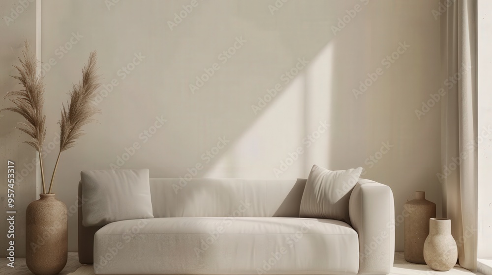 Minimalist Chic Living Room with Grey Sofa and Beige Commode Minimalist Chic Living Room with Grey Sofa and Beige Commode