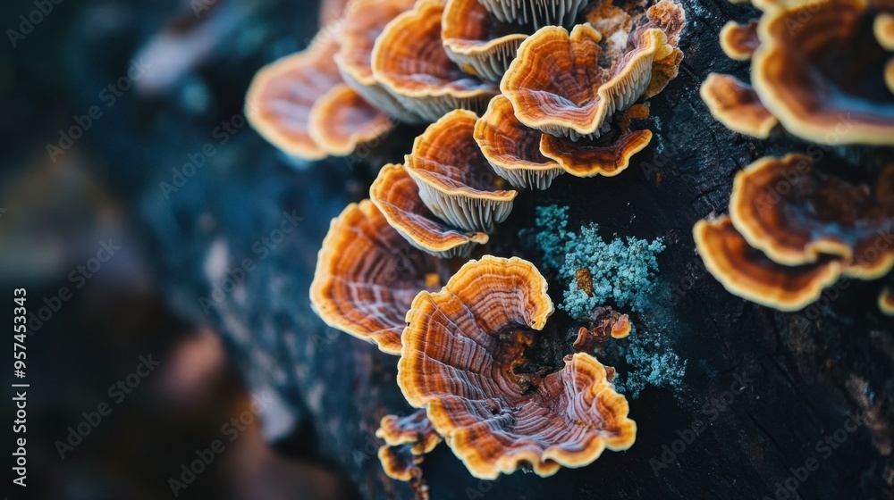 A close-up of forest fungi growing on a fallen tree trunk, with intricate details and vibrant colors standing out against the dark wood. A close-up of forest fungi growing on a fallen tree trunk, with intricate details and vibrant colors standing out against the dark wood.