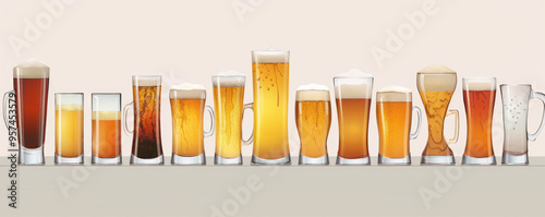 Beer glasses in various shape on white background. Wide banner photo