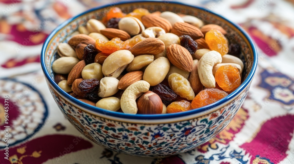 A colorful bowl of mixed nuts and dried fruits, with a variety of textures and hues, placed on a bright, patterned tablecloth. A colorful bowl of mixed nuts and dried fruits, with a variety of textures and hues, placed on a bright, patterned tablecloth.