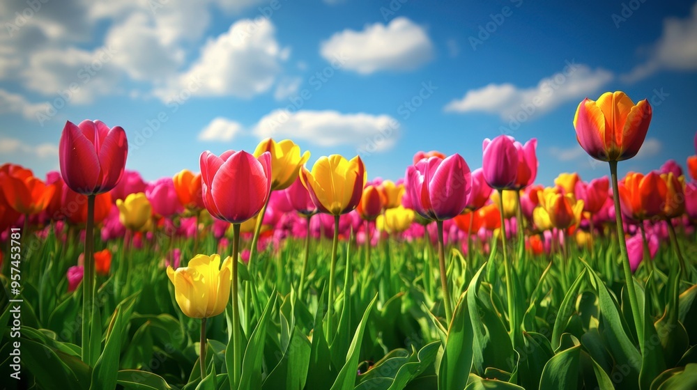 A colorful field of tulips in various shades, with a clear spring sky and a few fluffy clouds adding a cheerful and vibrant touch. A colorful field of tulips in various shades, with a clear spring sky and a few fluffy clouds adding a cheerful and vibrant touch.