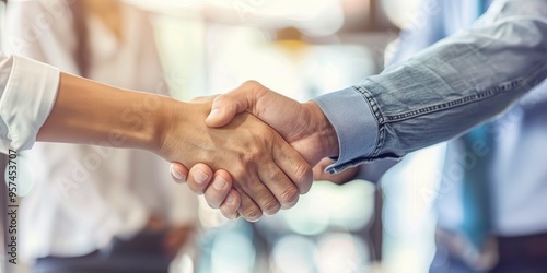 Business professionals in a meeting shaking hands for teamwork collaboration and creative project planning Male and female professionals engaging in agreement negotiation or expressing grati