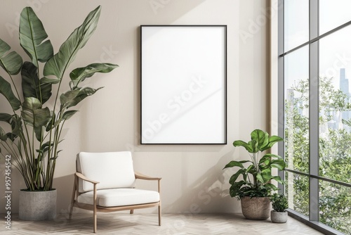 Poster Frame in Beige minimalist living room interior created with generative AI