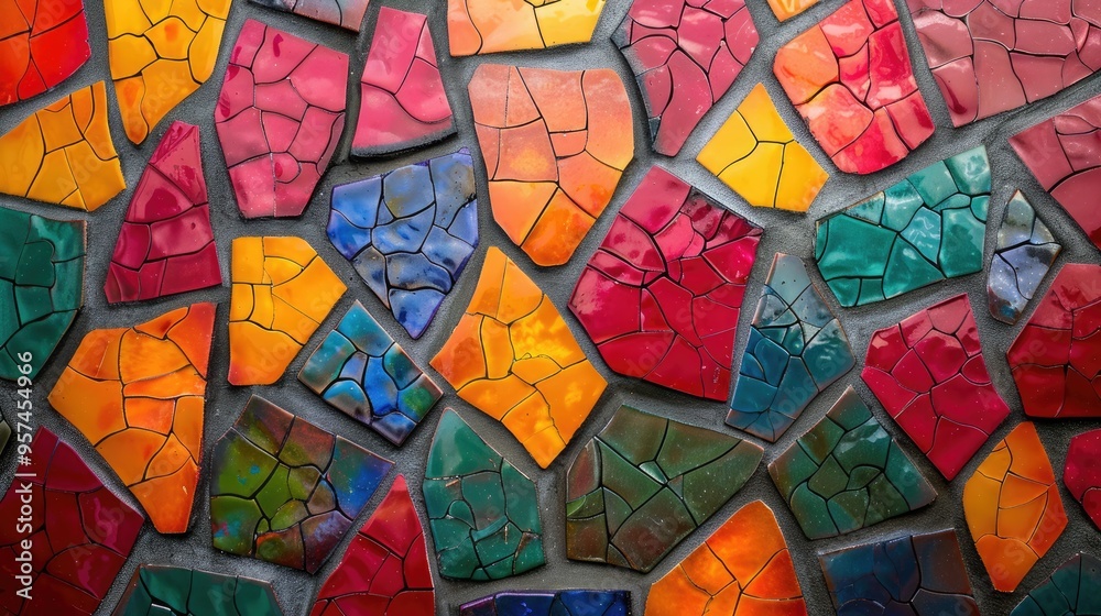Abstract mosaic pattern in a close-up perspective, showcasing an array of shapes and hues. Abstract mosaic pattern in a close-up perspective, showcasing an array of shapes and hues.