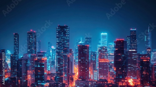 A dramatic night view of a city skyline with brightly lit skyscrapers, showcasing a mix of modern and historic architecture.