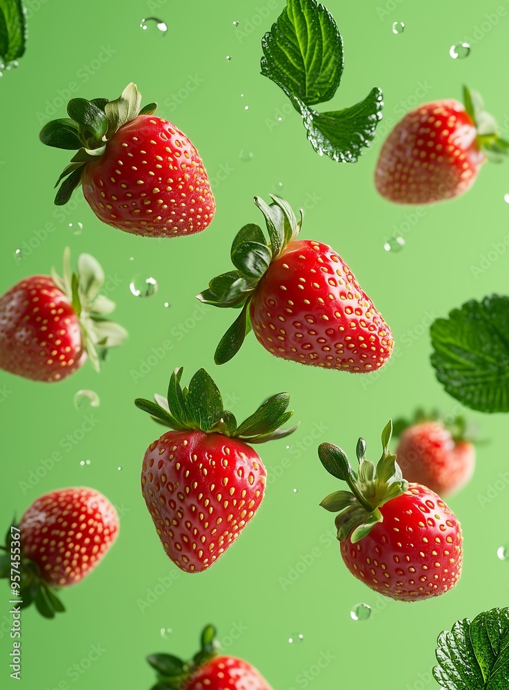 poster with flying strawberries poster with flying strawberries