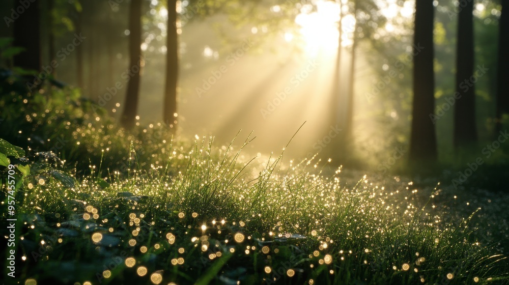 Fototapeta premium A forest covered in a blanket of early morning dew, with the sunlight creating sparkling droplets on the leaves and grass.