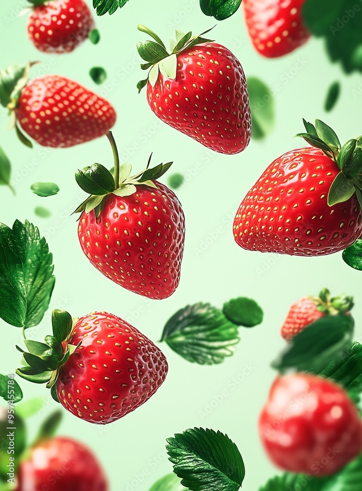 poster with flying strawberries poster with flying strawberries