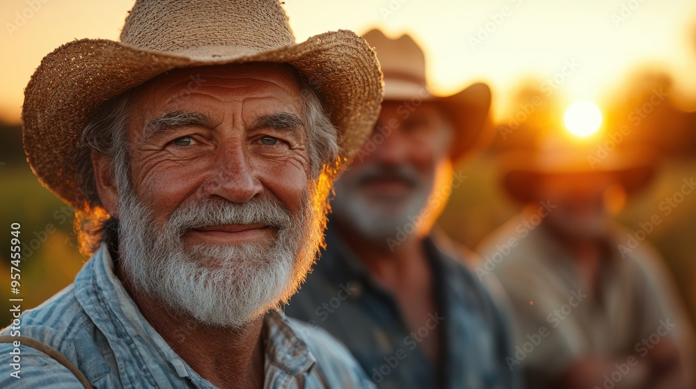 Portrait of a smiling elderly farmer with a beard wearing a straw hat, standing outdoors with fellow farmers in the background. Sunset light highlighting their faces. Portrait of a smiling elderly farmer with a beard wearing a straw hat, standing outdoors with fellow farmers in the background. Sunset light highlighting their faces.