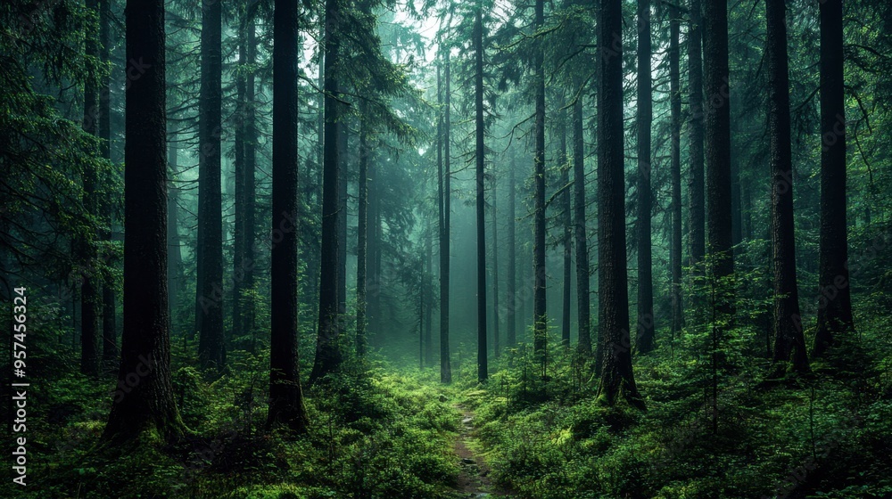 Fototapeta premium A forest with a dense canopy of evergreen trees, creating a rich, green backdrop and a sense of tranquility and solitude.
