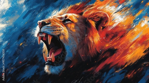 Colorful digital painting of a roaring lion, showcasing sharp teeth and intense expression, with a fiery background merging shades of blue and orange. Animals