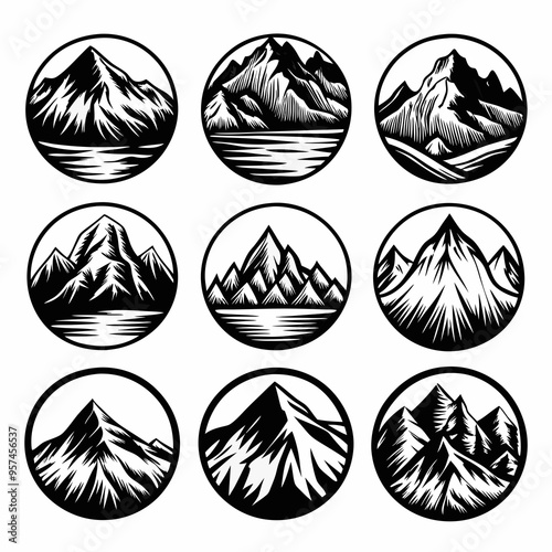 Vintage Art Vector Set of 9 Mountains