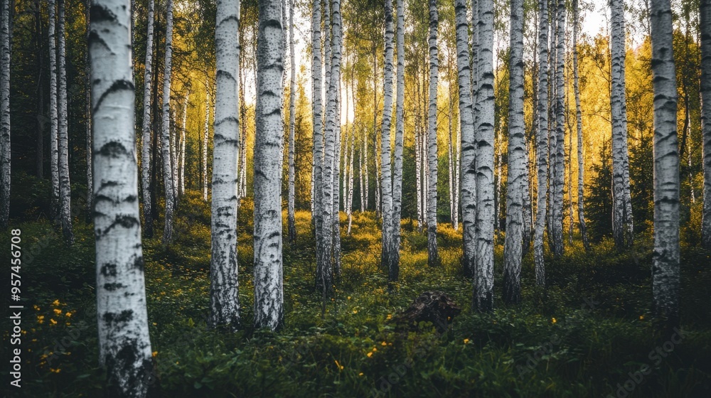 Fototapeta premium A forest with tall, slender birch trees with white bark, creating a striking visual pattern against the surrounding greenery.