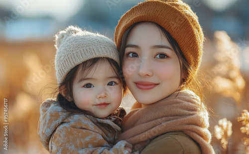 Asian mom and cute little daughter bundled in warm clothes, cozy winter day, mother holding child, outdoor portrait, loving bond, family togetherness, cold weather, hats and scarves.