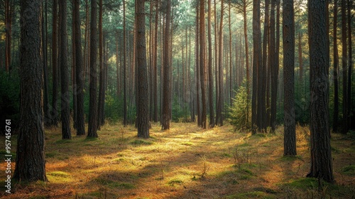 A forest with towering pine trees and a carpet of fallen needles, creating a rustic and serene woodland atmosphere.