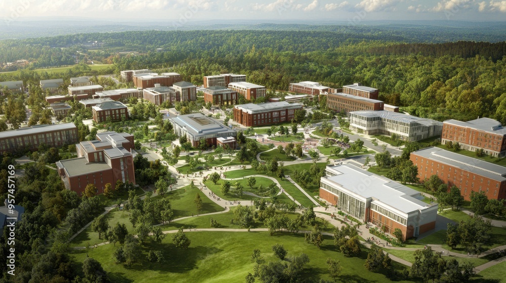 Fototapeta premium A high-angle view of a sprawling campus with multiple buildings, including academic and recreational facilities, set against a green landscape.