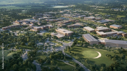 A high-angle view of a sprawling campus with multiple buildings, including academic and recreational facilities, set against a green landscape.