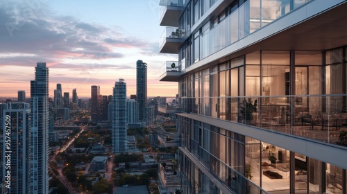 A high-rise condominium with contemporary design, glass balconies, and panoramic views of a vibrant urban cityscape.